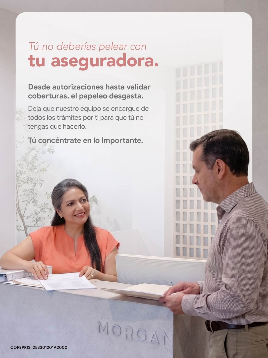 Autorizar un estudio, conseguir una carta, validar la cobertura: el papeleo con la aseguradora suele convertirse en una segunda enfermedad.

Nuestro equipo concierge se hace cargo de ese trabajo —convenios directos con aseguradoras nacionales e internacionales como BUPA, Plan Seguro, Vitamédica y Administradora de Salud, gestión de autorizaciones y seguimiento de cada caso— para que tu energía se quede donde debe estar. Si tu póliza te ha frustrado antes, pregúntanos antes de tu próxima cita.

Escríbenos por WhatsApp — Guadalajara 33 3808 6574 · Ajijic 33 3108 4084 — o entra a grupomorgan.com.mx.